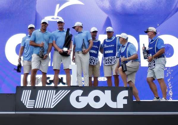 WHITE SULPHUR SPRINGS, WV - AUGUST 18: Team Smash GC celebrates after winning the LIV Greenbrier Tournament at The Old White Course on August 18, 2024, in White Sulphur Springs, WV. (Photo by Lee Coleman Icon Sportswire) GOLF: AUG 18 LIV Golf League Greenbrier EDITORIAL USE ONLY Icon155240818039