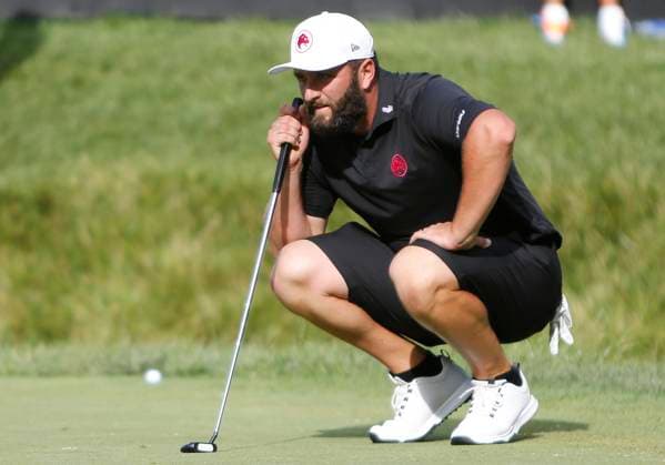 WHITE SULPHUR SPRINGS, WV - AUGUST 18: Legion XIII GC s Jon Rahm surveys the slope of the 18th green during the final round of the LIV Golf League Greenbrier at The Old White Course on August 18, 2024, in White Sulphur Springs, WV. (Photo by Lee Coleman Icon Sportswire) GOLF: AUG 18 LIV Golf League Greenbrier EDITORIAL USE ONLY Icon155240818083