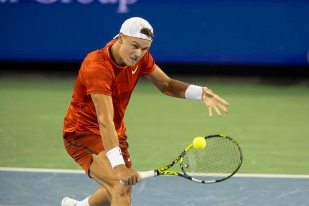 August 18, 2024, Mason, Oh, USA: 2024 Cincinnati Open Tennis, 2024 08 18 - Holger Rune hits a ball against opponent Frances Tiafoe. ZUMAPress Mason USA - ZUMAn24_ 20240818_zaf_n24_326 Copyright: xWallyxNellx