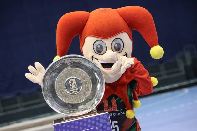19 08 2024, xgox, Handball Daikin HBL, SC Magdeburg Photo session 2024 2025 emspor, f l Till Eulenspiegel SC Magdeburg, Mascot Magdeburg