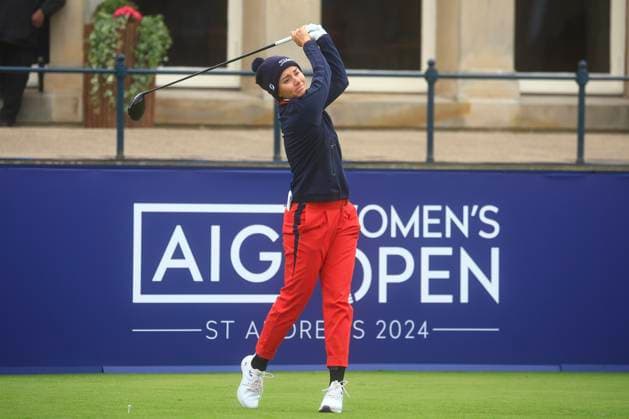 19th August 2024; Old Course at St Andrews, St Andrews, Fife, Scotland; AIG Womens Open Golf, Practice Day 1; Klara Spilkova of Czechia tees off on the first hole of the Old Course, St Andrews Links during a practice round at the AIG Women& x2019;s Open  ActionPlus12683301 DavidxYoung