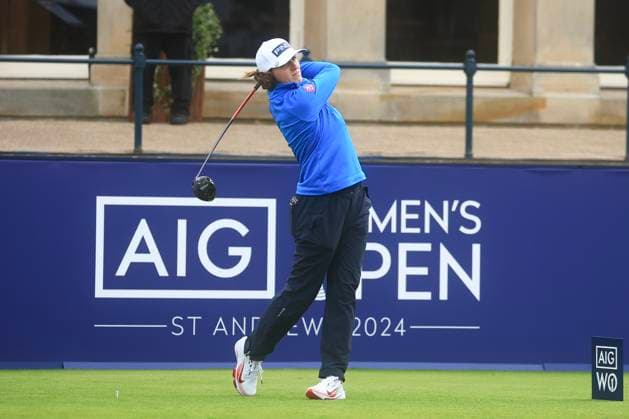19th August 2024; Old Course at St Andrews, St Andrews, Fife, Scotland; AIG Womens Open Golf, Practice Day 1; Lauren Walsh of Ireland tees off on the first hole of the Old Course, St Andrews Links during a practice round at the AIG Women& x2019;s Open  ActionPlus12683304 DavidxYoung