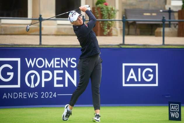 19th August 2024; Old Course at St Andrews, St Andrews, Fife, Scotland; AIG Womens Open Golf, Practice Day 1; Madelene Sagstrom of Sweden tees off on the first hole of the Old Course, St Andrews Links during a practice round at the AIG Women& x2019;s Open  ActionPlus12683305 DavidxYoung