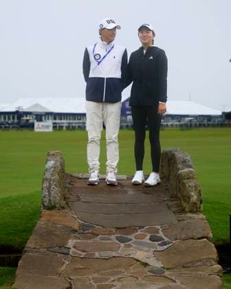19th August 2024; Old Course at St Andrews, St Andrews, Fife, Scotland; AIG Womens Open Golf, Practice Day 1; Rose Zhang of the USA pose on the Swilken Bridge of the Old Course, St Andrews Links during a practice round at the AIG Women& x2019;s Open  ActionPlus12683325 DavidxYoung