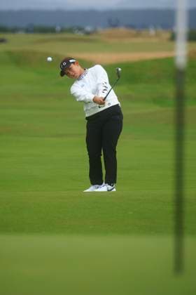 19th August 2024; Old Course at St Andrews, St Andrews, Fife, Scotland; AIG Womens Open Golf, Practice Day 1; Hikaru Yoshimoto of Japan chips to the seventeenth green of the Old Course, St Andrews Links during a practice round at the AIG Women& x2019;s Open  ActionPlus12683329 DavidxYoung
