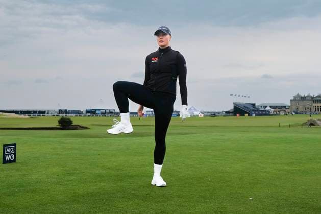 19th August 2024; Old Course at St Andrews, St Andrews, Fife, Scotland; AIG Womens Open Golf, Practice Day 1; Charley Hull of England stretches on the 18th tee of the Old Course, St Andrews Links during a practice round at the AIG Women& x2019;s Open  ActionPlus12683349 DavidxYoung