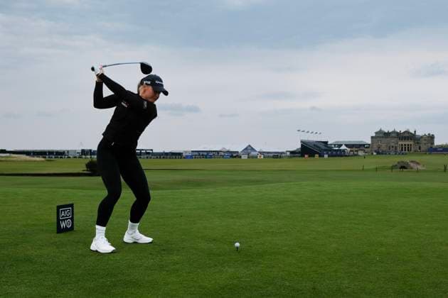 19th August 2024; Old Course at St Andrews, St Andrews, Fife, Scotland; AIG Womens Open Golf, Practice Day 1; Charley Hull of England tees off on the eighteenth hole of the Old Course, St Andrews Links during a practice round at the AIG Women& x2019;s Open  ActionPlus12683350 DavidxYoung