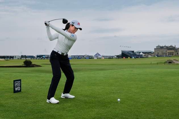 19th August 2024; Old Course at St Andrews, St Andrews, Fife, Scotland; AIG Womens Open Golf, Practice Day 1; Celine Boutier of France tees off on the eighteenth hole of the Old Course, St Andrews Links during a practice round at the AIG Women& x2019;s Open  ActionPlus12683351 DavidxYoung