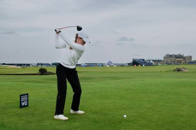 19th August 2024; Old Course at St Andrews, St Andrews, Fife, Scotland; AIG Womens Open Golf, Practice Day 1; Sarah Schmelzel of the USA tees off on the eighteenth hole of the Old Course, St Andrews Links during a practice round at the AIG Women& x2019;s Open  ActionPlus12683345 DavidxYoung