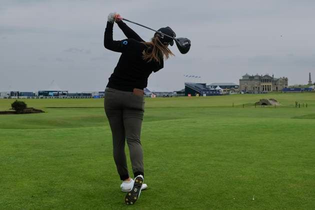 19th August 2024; Old Course at St Andrews, St Andrews, Fife, Scotland; AIG Womens Open Golf, Practice Day 1; Jennifer Kupcho of the USA tees off on the eighteenth hole of the Old Course, St Andrews Links during a practice round at the AIG Women& x2019;s Open  ActionPlus12683346 DavidxYoung