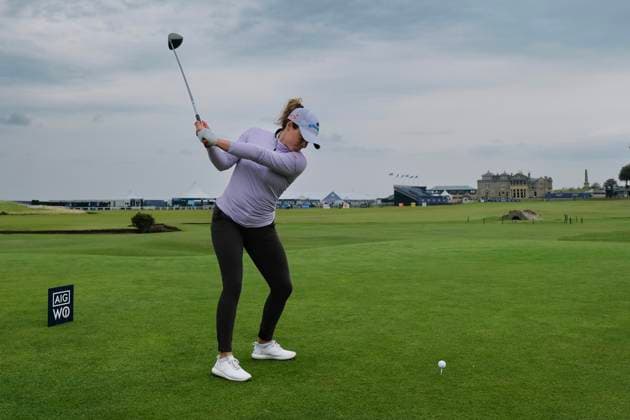19th August 2024; Old Course at St Andrews, St Andrews, Fife, Scotland; AIG Womens Open Golf, Practice Day 1; Gaby Lopez of Mexico tees off on the eighteenth hole of the Old Course, St Andrews Links during a practice round at the AIG Women& x2019;s Open  ActionPlus12683347 DavidxYoung