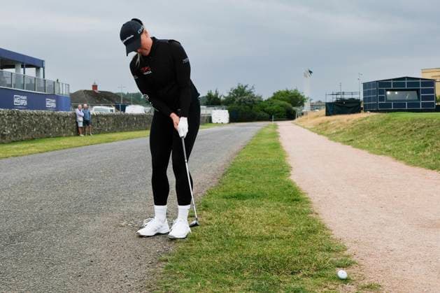 19th August 2024; Old Course at St Andrews, St Andrews, Fife, Scotland; AIG Womens Open Golf, Practice Day 1; Charley Hull of England hits a hybrid off the road on the 17th hole of the Old Course, St Andrews Links during a practice round at the AIG Women& x2019;s Open  ActionPlus12683348 DavidxYoung