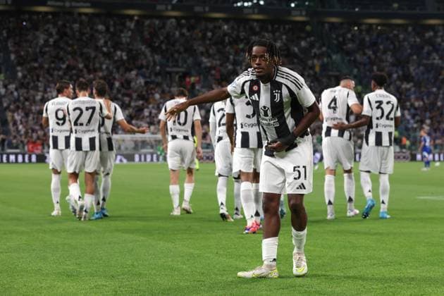 Turin, Italy, 19th August 2024. Samuel Mbangula Tshifunda of Juventus celebrates after scoring to give the side a 1-0 lead during the Serie A match at Allianz Stadium, Turin. Picture credit should read: Jonathan Moscrop Sportimage EDITORIAL USE ONLY. No use with unauthorised audio, video, data, fixture lists, club league logos or live services. Online in-match use limited to 120 images, no video emulation. No use in betting, games or single club league player publications. SPI-3257-0003