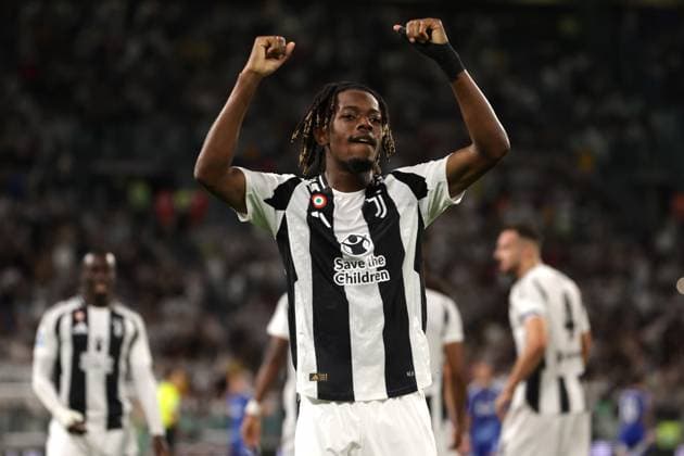 Turin, Italy, 19th August 2024. Samuel Mbangula Tshifunda of Juventus celebrates after scoring to give the side a 1-0 lead during the Serie A match at Allianz Stadium, Turin. Picture credit should read: Jonathan Moscrop Sportimage EDITORIAL USE ONLY. No use with unauthorised audio, video, data, fixture lists, club league logos or live services. Online in-match use limited to 120 images, no video emulation. No use in betting, games or single club league player publications. SPI-3257-0004
