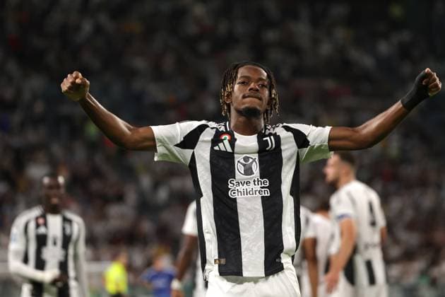 Turin, Italy, 19th August 2024. Samuel Mbangula Tshifunda of Juventus celebrates after scoring to give the side a 1-0 lead during the Serie A match at Allianz Stadium, Turin. Picture credit should read: Jonathan Moscrop Sportimage EDITORIAL USE ONLY. No use with unauthorised audio, video, data, fixture lists, club league logos or live services. Online in-match use limited to 120 images, no video emulation. No use in betting, games or single club league player publications. SPI-3257-0006