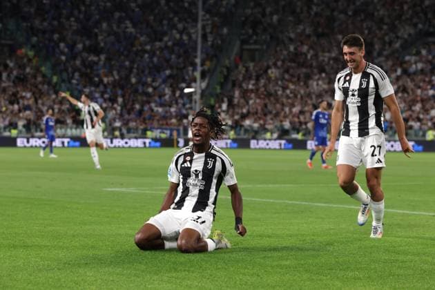 Turin, Italy, 19th August 2024. Samuel Mbangula Tshifunda of Juventus celebrates with team mate Andrea Cambiaso after scoring to give the side a 1-0 lead during the Serie A match at Allianz Stadium, Turin. Picture credit should read: Jonathan Moscrop Sportimage EDITORIAL USE ONLY. No use with unauthorised audio, video, data, fixture lists, club league logos or live services. Online in-match use limited to 120 images, no video emulation. No use in betting, games or single club league player publications. SPI-3257-0015