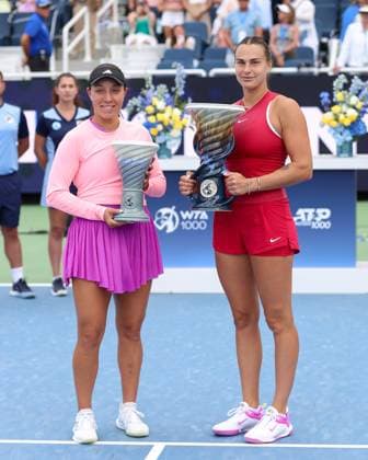 CINCINNATI, OH - AUGUST 19: Jessica Pegula (left) poses with Aryna Sabalenka of Belarus. Sabalenka defeated Pegula to win the final round of the Cincinnati Open on August 19, 2024, at the Lindner Family Tennis Center in Mason, OH. (Photo by Ian Johnson Icon Sportswire) TENNIS: AUG 19 Cincinnati Open EDITORIAL USE ONLY Icon240819006