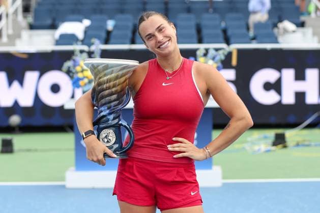 CINCINNATI, OH - AUGUST 19: Aryna Sabalenka of Belarus poses with the Rookwood Cup after defeating Jessica Pegula to win the final round of the Cincinnati Open on August 19, 2024, at the Lindner Family Tennis Center in Mason, OH. (Photo by Ian Johnson Icon Sportswire) TENNIS: AUG 19 Cincinnati Open EDITORIAL USE ONLY Icon240819011
