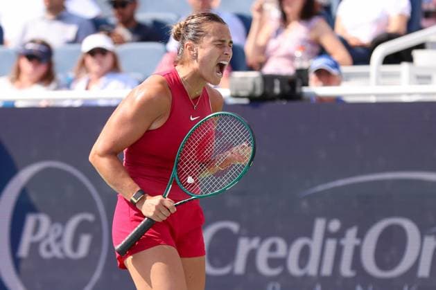 CINCINNATI, OH - AUGUST 19: Aryna Sabalenka of Belarus reacts during the final round of the Cincinnati Open on August 19, 2024, at the Lindner Family Tennis Center in Mason, OH. (Photo by Ian Johnson Icon Sportswire) TENNIS: AUG 19 Cincinnati Open EDITORIAL USE ONLY Icon240819020