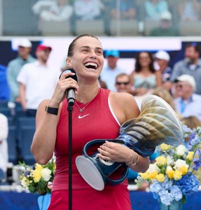 CINCINNATI, OH - AUGUST 19: Aryna Sabalenka of Belarus poses with the Rookwood Cup after defeating Jessica Pegula of USA in the final round at the Cincinatti Open at Lindner Family Tennis Center on August 19, 2024 in Mason, Ohio. (Photo by Shelley Lipton Icon Sportswire) TENNIS: AUG 19 Cincinnati Open EDITORIAL USE ONLY Icon2408191312