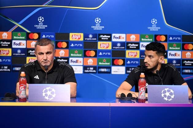 Zagreb, 19.08.2024 - Qarabag media conference before the Dinamo - Qarabag Champions League match Croatia, Zagreb, 190824. Maksimir Stadium. Qarabag press conference, PK, Pressekonferenz on the eve of the UEFA Champions League Play-off game Dinamo - Qarabag. In the photo: Gurban Gurbanov and Abdellah Zoubir. Photo: Goran Mehkek CROPIX Zagreb Hrvatska Copyright: xxGoranxMehkekx press_qarabag8-190824