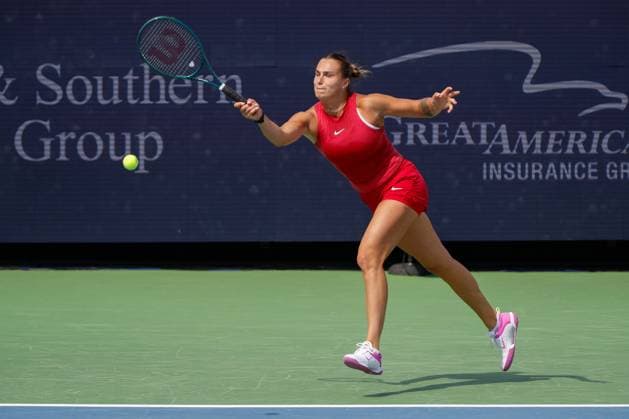 CINCINNATI, OH - AUGUST 19: Aryna Sabalenka of Belarus hits a forehand during the final round of the Cincinnati Open on August 19, 2024, at the Lindner Family Tennis Center in Mason, OH. (Photo by Ian Johnson Icon Sportswire) TENNIS: AUG 19 Cincinnati Open EDITORIAL USE ONLY Icon240819038