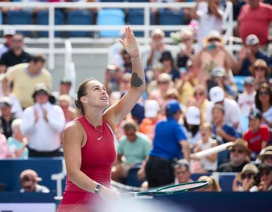 CINCINNATI, OH - AUGUST 19: Aryna Sabalenka of Belarus celebrates winning the final point against Jessica Pegula of USA during the championship round of the Cincinnati Open at the Lindner Family Tennis Center on August 19, 2024 in Mason, OH. (Photo by Shelley Lipton Icon Sportswire) TENNIS: AUG 19 Cincinnati Open EDITORIAL USE ONLY Icon2408191006