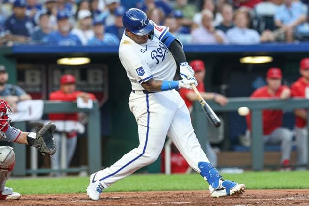 August 19, 2024: Kansas City Royals catcher Salvador Perez (13) hits an RBI single during the third inning of a baseball game against the Los Angeles Angels at Kauffman Stadium in Kansas City, MO. CSM Kansas City United States of America - ZUMAc04_ 20240819_zma_c04_011 Copyright: xDavidxSmithx