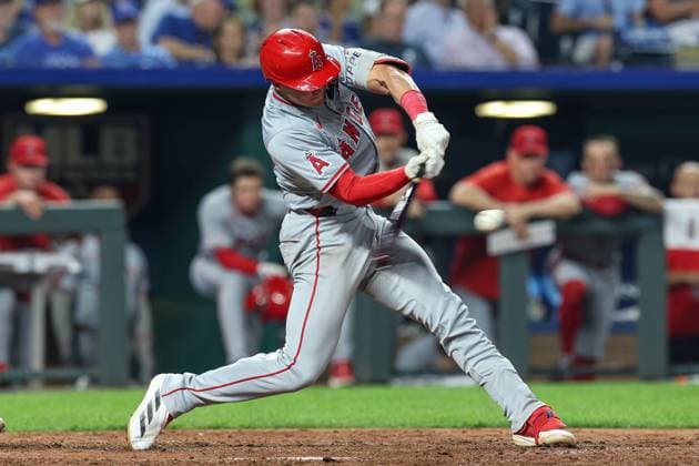 August 19, 2024: Los Angeles Angels catcher Logan O Hoppe (14) hits a single against the Kansas City Royals during the ninth inning of a baseball game at Kauffman Stadium in Kansas City, MO. CSM Kansas City United States of America - ZUMAc04_ 20240819_zma_c04_021 Copyright: xDavidxSmithx