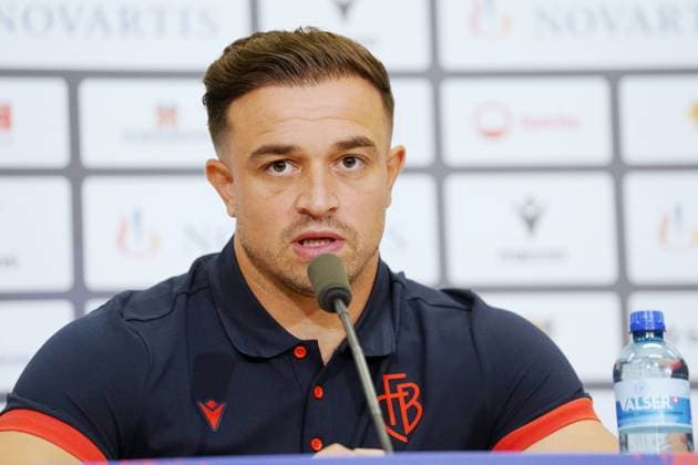 Sport Themen der Woche KW34 Sport Bilder des Tages Anton Geisser 20.08.2024 FC Basel Superleague Saison 2024 2025. Bild : Medienkonferenz mit Xherdan Shaqiri Neuzugang (FC Basel) *** Anton Geisser 20 08 2024 FC Basel Superleague season 2024 2025 Picture Media conference with Xherdan Shaqiri New signing FC Basel 
