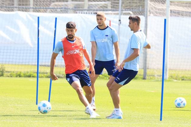 DEU, DFL, 2 FBL Hertha BSC, Training, 20 08 2024, Sportforum, Berlin, DEU, DFL, 2 FBL Hertha BSC, Training, in the picture Smail Prevljak Hertha BSC Berlin 9 , Andreas Bouchalakis Hertha BSC Berlin 5 , Marton Dardai Hertha BSC Berlin 31 DFL regulations prohibit any use of Photographs as image sequences and or quasi video Foto Juergen Engler nordphoto GmbH nordphotoxGmbHx xEngler nph00076