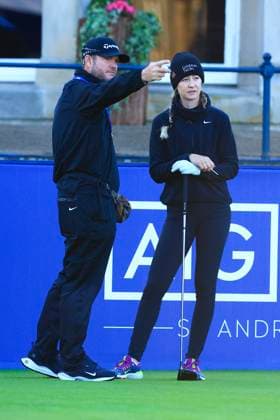 20th August 2024; Old Course at St Andrews, St Andrews, Fife, Scotland; AIG Womens Open Golf, Practice Day 2; Caddie Jason McDede points out the line to take to Nelly Korda of the USA on the first tee of the Old Course, St Andrews Links during a practice round at the AIG Women& x2019;s Open  ActionPlus12683353 DavidxYoung