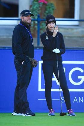20th August 2024; Old Course at St Andrews, St Andrews, Fife, Scotland; AIG Womens Open Golf, Practice Day 2; Nelly Korda of the USA chats to caddie Jason McDede on the first tee of the Old Course, St Andrews Links during a practice round at the AIG Women& x2019;s Open  ActionPlus12683354 DavidxYoung