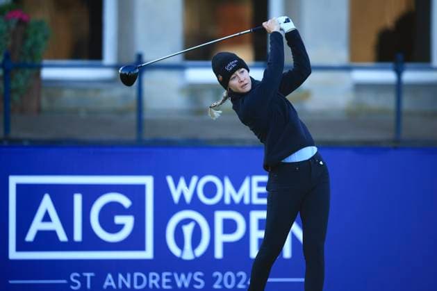 20th August 2024; Old Course at St Andrews, St Andrews, Fife, Scotland; AIG Womens Open Golf, Practice Day 2; Nelly Korda of the USA tees off on the first hole of the Old Course, St Andrews Links during a practice round at the AIG Women& x2019;s Open  ActionPlus12683355 DavidxYoung