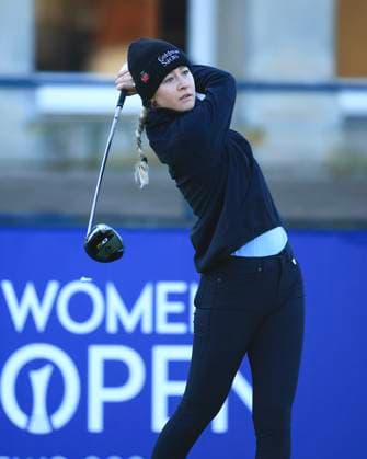 20th August 2024; Old Course at St Andrews, St Andrews, Fife, Scotland; AIG Womens Open Golf, Practice Day 2; Nelly Korda of the USA tees off on the first hole of the Old Course, St Andrews Links during a practice round at the AIG Women& x2019;s Open  ActionPlus12683356 DavidxYoung