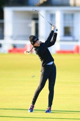20th August 2024; Old Course at St Andrews, St Andrews, Fife, Scotland; AIG Womens Open Golf, Practice Day 2; Nelly Korda of the USA hits a shot from the fairway on the first hole of the Old Course, St Andrews Links during a practice round at the AIG Women& x2019;s Open  ActionPlus12683360 DavidxYoung