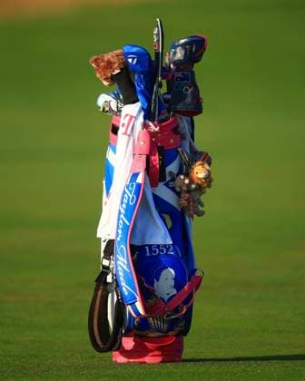 20th August 2024; Old Course at St Andrews, St Andrews, Fife, Scotland; AIG Womens Open Golf, Practice Day 2; Gabriela Ruffels of Australia Taylor Madde golf bag with Olympic Games, Olympische Spiele, Olympia, OS driver cover  ActionPlus12683367 DavidxYoung