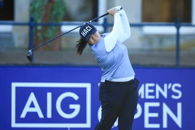 20th August 2024; Old Course at St Andrews, St Andrews, Fife, Scotland; AIG Womens Open Golf, Practice Day 2; Angel Yin of the USA tees off on the first hole of the Old Course, St Andrews Links during a practice round at the AIG Women& x2019;s Open  ActionPlus12683379 DavidxYoung