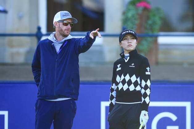 20th August 2024; Old Course at St Andrews, St Andrews, Fife, Scotland; AIG Womens Open Golf, Practice Day 2; Caddie Paul Cormack points out the line on the first tee to Lydia Ko of New Zealand of the Old Course, St Andrews Links during a practice round at the AIG Women& x2019;s Open  ActionPlus12683383 DavidxYoung