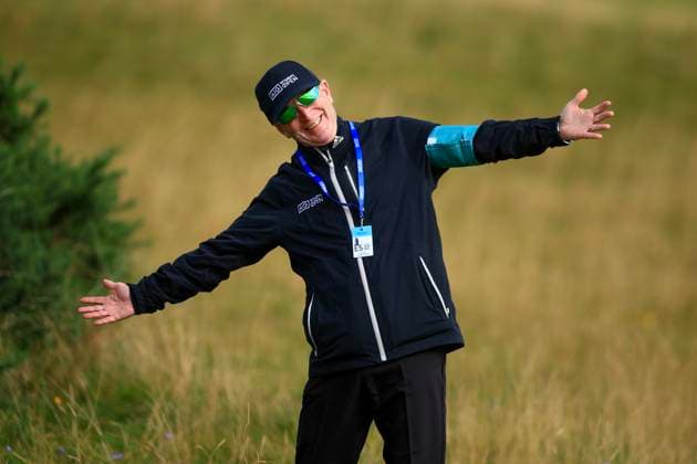 20th August 2024; Old Course at St Andrews, St Andrews, Fife, Scotland; AIG Womens Open Golf, Practice Day 2; A marshall in jovial mood on the Old Course, St Andrews Links during a practice round at the AIG Women& x2019;s Open  ActionPlus12683401 DavidxYoung
