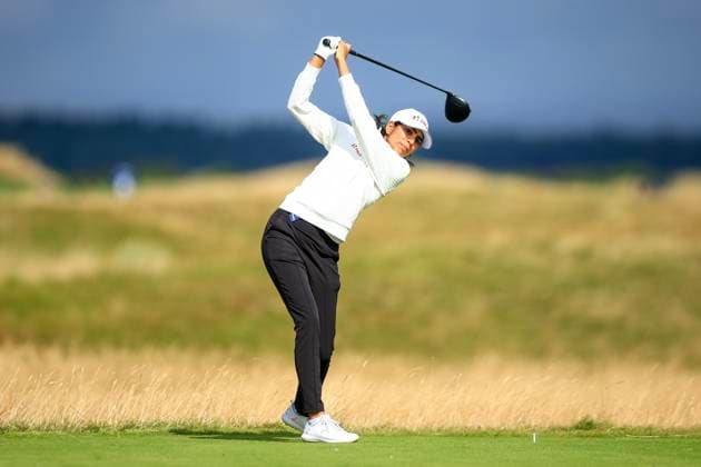 20th August 2024; Old Course at St Andrews, St Andrews, Fife, Scotland; AIG Womens Open Golf, Practice Day 2; Diksha Dagar of India tees off on the fifteenth hole of the Old Course, St Andrews Links during a practice round at the AIG Women& x2019;s Open  ActionPlus12683412 DavidxYoung