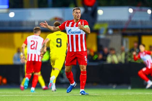 UEFA Champions league play off 2024 2025 Bodo Glimt Rode Stjerne Bodo 20240820 Rode Stjernes Uros Spajic during the play off match for the Champions league between Bodo Glimt and Rode Stjerne at the Aspmyra stadium Photo Mats Torbergsen NTB Bodo Norway EDITORIAL USE ONLY RESTRICTED USE FOR BETTING COMPANIES  Copyright: xMatsxTorbergsenx xNTBx
