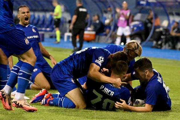 Zagreb, Croatioa, 20th August 2024: Marko Pjaca of Dinamo Zagreb (C) celebrate score during the UEFA Champions League Play-offs 1st leg qualifying round football match between Dinamo Zagreb (Croatia) and Qarabag (Azerbaijan) at Stadium Maksimir, Zagreb, Croatia. (Igor Kupljenik SPP) Copyright: xIgorxKupljenikx xSPPx spp-en-IgKuSp-IK0_3345