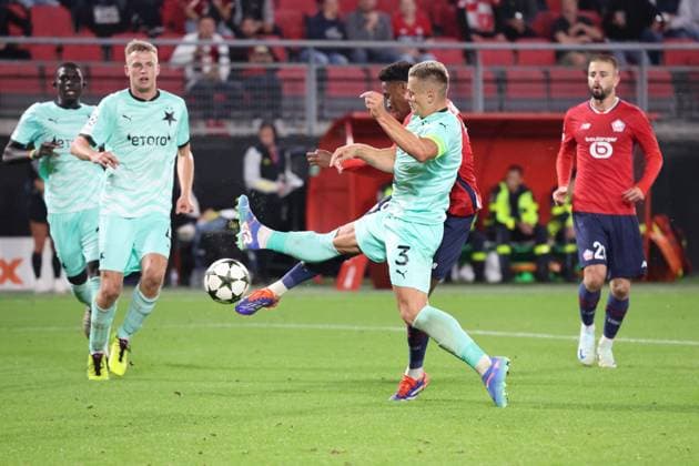 But de Jonathan DAVID (LOSC Lille) lors du match LOSC Lille vs Slavia Prague, Barrages Ligue des Champions, stade du Hainaut Valenciennes, le 20 août 2024 - photo Laurent Sanson Panoramic FOOTBALL : LOSC Lille vs Slavia Prague - Play-offs Barrages Ligue des Champions 20 08 2024 LaurentSanson Panoramic 