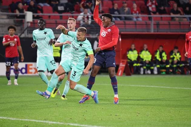 But de Jonathan DAVID (LOSC Lille) lors du match LOSC Lille vs Slavia Prague, Barrages Ligue des Champions, stade du Hainaut Valenciennes, le 20 août 2024 - photo Laurent Sanson Panoramic FOOTBALL : LOSC Lille vs Slavia Prague - Play-offs Barrages Ligue des Champions 20 08 2024 LaurentSanson Panoramic 
