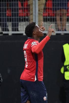 Célébration de Jonathan DAVID (LOSC Lille) lors du match LOSC Lille vs Slavia Prague, Barrages Ligue des Champions, stade du Hainaut Valenciennes, le 20 août 2024 - photo Laurent Sanson Panoramic FOOTBALL : LOSC Lille vs Slavia Prague - Play-offs Barrages Ligue des Champions 20 08 2024 LaurentSanson Panoramic 