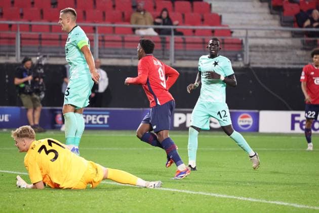 But de Jonathan DAVID (LOSC Lille) lors du match LOSC Lille vs Slavia Prague, Barrages Ligue des Champions, stade du Hainaut Valenciennes, le 20 août 2024 - photo Laurent Sanson Panoramic FOOTBALL : LOSC Lille vs Slavia Prague - Play-offs Barrages Ligue des Champions 20 08 2024 LaurentSanson Panoramic 