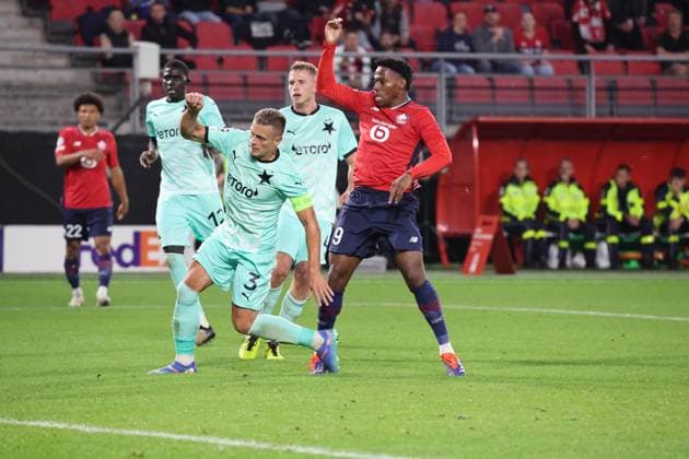 But de Jonathan DAVID (LOSC Lille) lors du match LOSC Lille vs Slavia Prague, Barrages Ligue des Champions, stade du Hainaut Valenciennes, le 20 août 2024 - photo Laurent Sanson Panoramic FOOTBALL : LOSC Lille vs Slavia Prague - Play-offs Barrages Ligue des Champions 20 08 2024 LaurentSanson Panoramic 