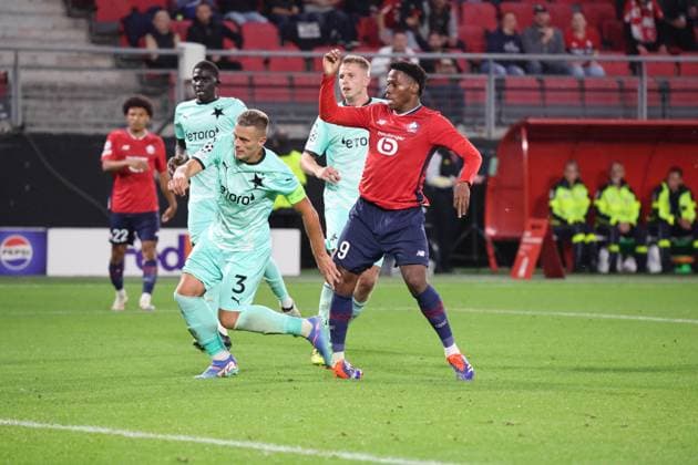 But de Jonathan DAVID (LOSC Lille) lors du match LOSC Lille vs Slavia Prague, Barrages Ligue des Champions, stade du Hainaut Valenciennes, le 20 août 2024 - photo Laurent Sanson Panoramic FOOTBALL : LOSC Lille vs Slavia Prague - Play-offs Barrages Ligue des Champions 20 08 2024 LaurentSanson Panoramic 