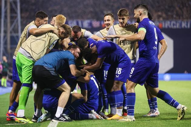 GNK Dinamo Zagreb v Qarabag - UEFA Champions Qualifying Play-Off: First Leg ZAGREB, CROATIA - AUGUST 20: Sandro Kulenovic of Dinamo Zagreb celebrate with his teammates after scoring during the UEFA Champions Qualifying Play-Off First Leg match between GNK Dinamo Zagreb and Qarabag at Stadion Maksimir on August 20, 2024 in Zagreb, Croatia.  LukaxStanzl PIXSELL